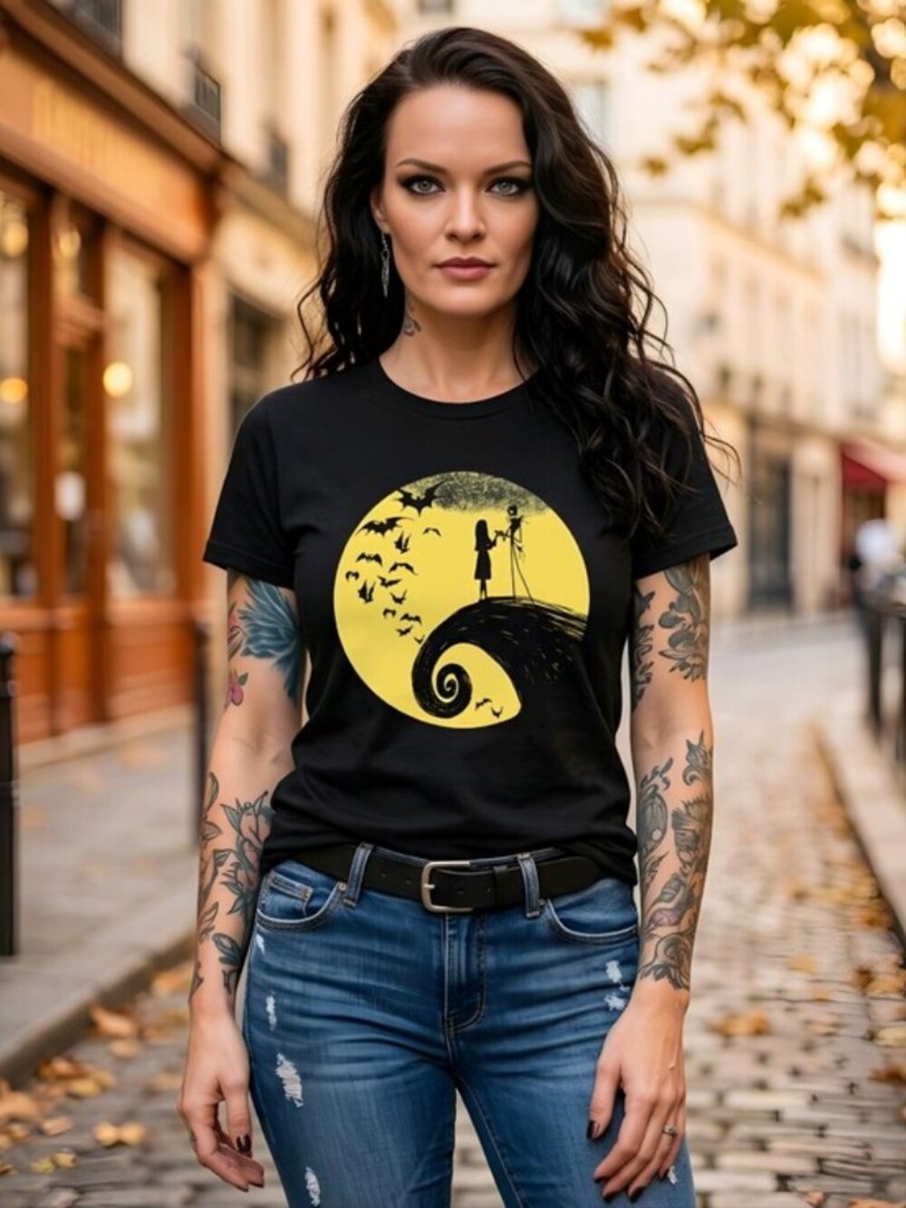 Disney Nightmare Before Christmas Tee Yellow Moon Jack Sally Shirt Top Sz XS EUC